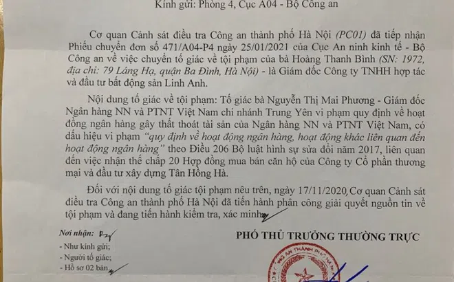 Công an vào cuộc điều tra, xác minh vụ việc doanh nghiệp tố giám đốc Agribank Trung Yên